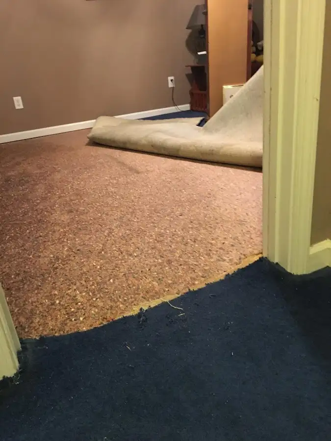 Carpet pad removal revealing water damage during Water Mitigation Services in Winthrop